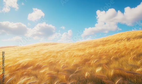 Obraz na płótnie Golden wheat fields swaying gently in the wind under a bright blue sky, vibrant natural tones and soft diffused lighting creating a serene rural vibe, w salonie