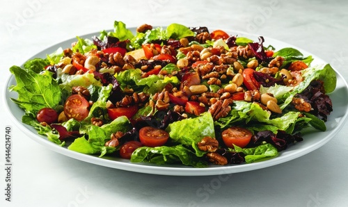 Obraz na płótnie Gourmet salad with mixed greens, tomatoes, nuts, and a light vinaigrette, arranged beautifully on a white plate w salonie