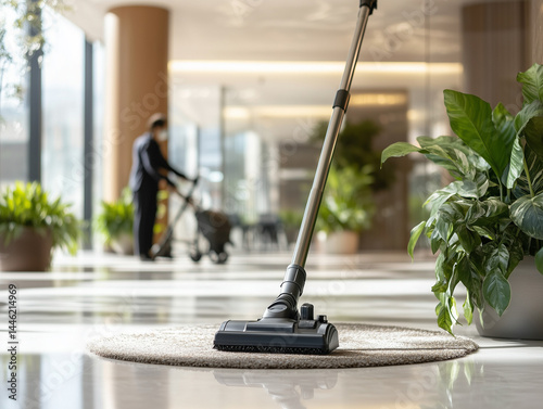 Wallpaper Mural Janitor cleaning floor with vacuum cleaner in office lobby Torontodigital.ca