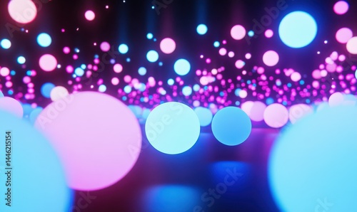 Obraz na płótnie Large glowing spheres floating in dark space, surrounded by trails of light in various shades of blue and pink . w salonie