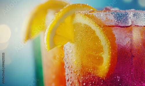 Obraz na płótnie Macro shot of colorful holiday cocktails with citrus garnish, bright tones and glossy textures highlighted by diffused light, clean festive drink concept, w salonie