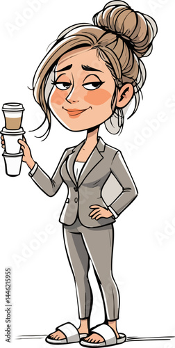 The cartoon-style illustration features a confident, slightly smug businesswoman with her hair in a bun, dressed in a suit but humorously wearing slippers, holding a stack of coffee cups with a laid-b
