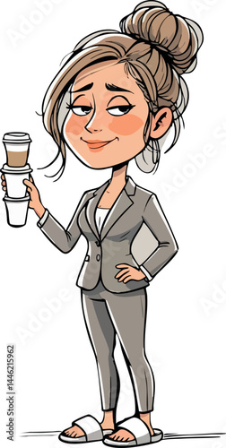 The cartoon-style illustration features a confident, slightly smug businesswoman with her hair in a bun, dressed in a suit but humorously wearing slippers, holding a stack of coffee cups with a laid-b