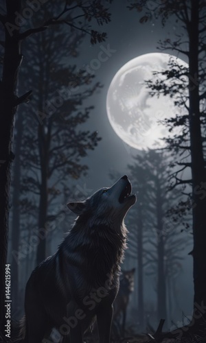 A lone wolf's mournful howl echoes through the moonlit trees ,  ambient sounds,  wild,  forest scene