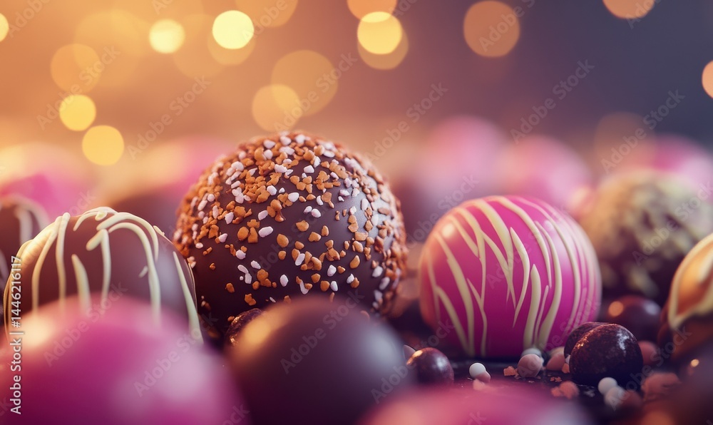 Macro shot of gourmet chocolate truffles with rich textures and colorful toppings, clean sharp details highlighted by soft warm light, modern dessert photography,