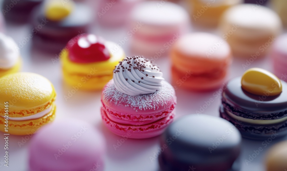 Colorful macarons arranged on a table, some topped with decorations.