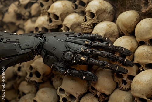 Cybernetic arm interacts with a wall of skulls in a dark, dystopian environment, apotheosis war cyber arm showing off from bunch of human skulls photo