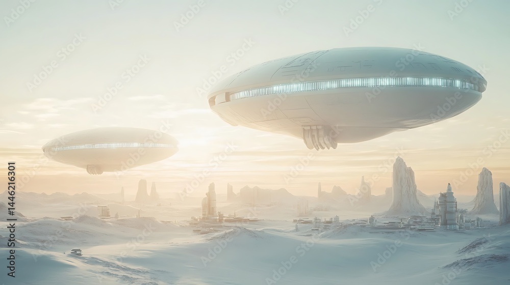 Naklejka premium Futuristic airships over frozen landscape