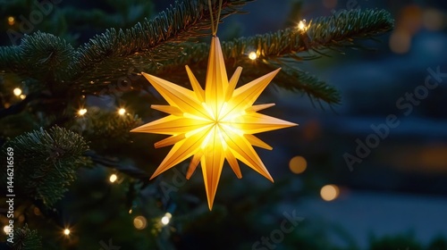 Festive star ornament on Christmas tree at night