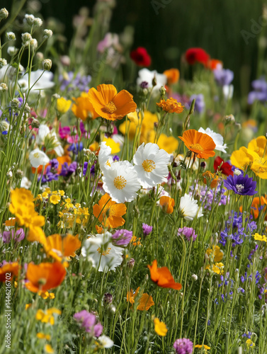 Colorful wildflowers blooming in a meadow during summer day