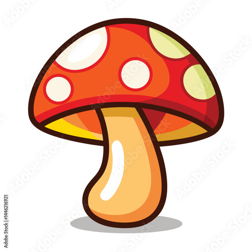 Cartoon Red Mushroom with White Spots Isolated on White BG