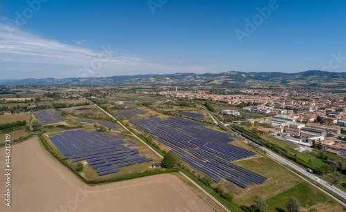 An aerial view of solar panels on a sunny day shows a power farm producing clean energy