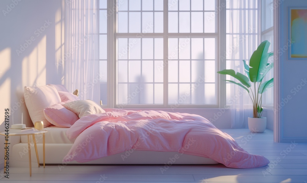 Minimalist bedroom interior with pastel-colored bedding, sleek furniture, and soft morning light streaming through large windows, clean modern design aesthetic,