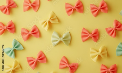 Obraz na płótnie Colorful bow-tie pasta scattered on a vibrant yellow surface. w salonie