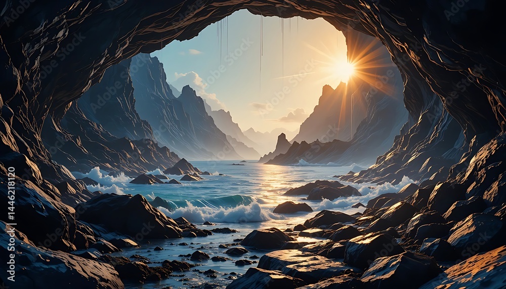 Ocean Landscape Through Cave Opening with Sunlight and Mountains