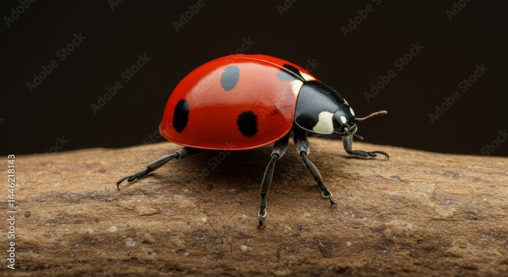 Fototapeta premium Ladybug on Wood Branch - A vibrant red ladybug with black spots crawls on a rustic brown wooden branch. Symbolizing: luck, nature, spring, life, and good fortune