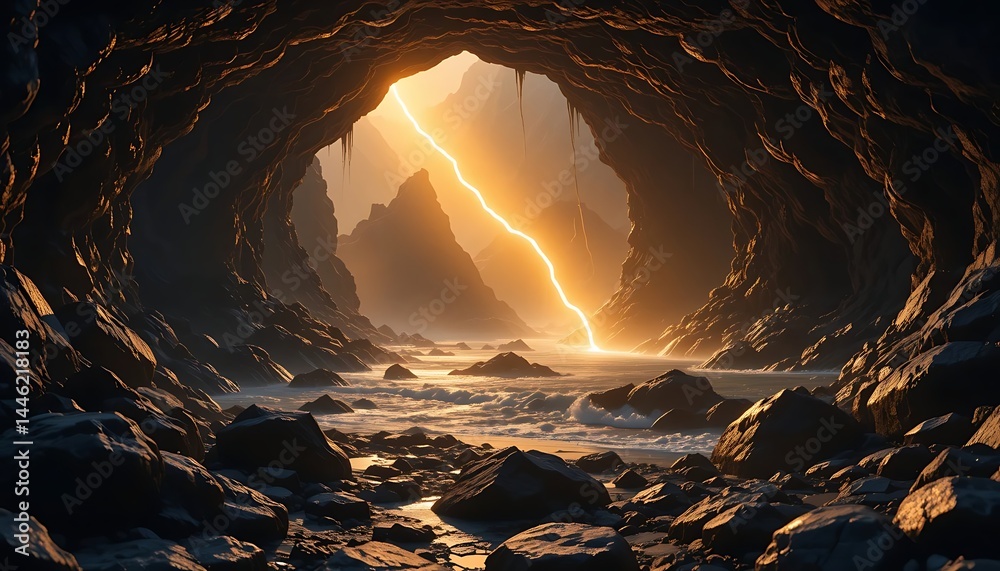 Lightning Strike Through Cave Entrance Over Rocky Beach Landscape