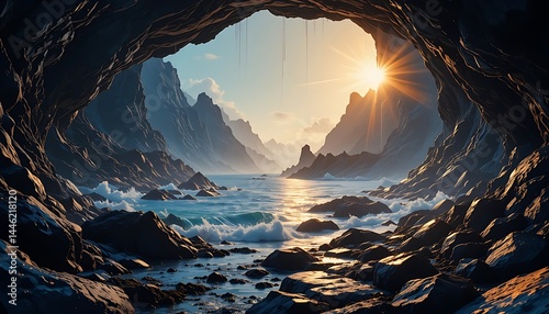 Obraz na płótnie Ocean Landscape Through Cave Opening with Sunlight and Mountains w salonie