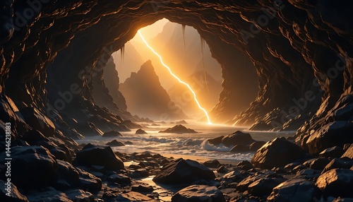 Obraz na płótnie Lightning Strike Through Cave Entrance Over Rocky Beach Landscape w salonie