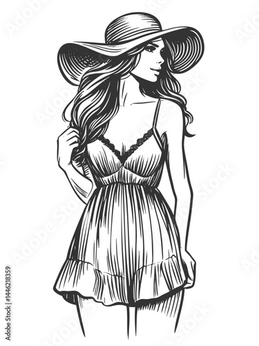 stylish woman wearing a hat and dress, embodying vintage fashion and elegance sketch engraving generative ai fictional character vector illustration. Scratch board imitation. Black and white image.