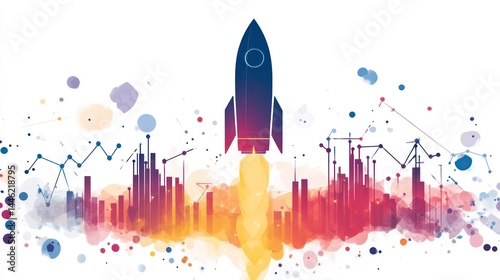 Launching Innovation A Rocket Soaring Above a Vibrant Cityscape with Graphs and Data Points