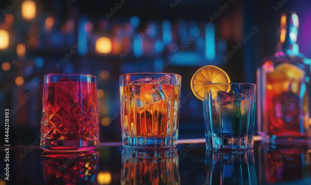 Moody glassware with colorful cocktails under dim bar lighting, reflections of vibrant hues adding depth and texture, an intimate and stylish setting,