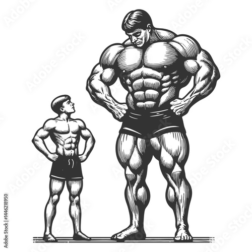 skinny young man facing massively muscular bodybuilder, symbolizing transformation, strength, and fitness goals sketch engraving generative ai vector illustration. Scratch board. Black and white image