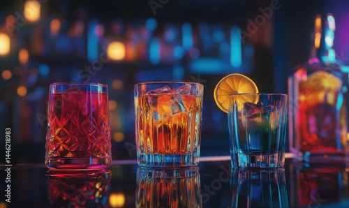 Obraz na płótnie Moody glassware with colorful cocktails under dim bar lighting, reflections of vibrant hues adding depth and texture, an intimate and stylish setting, w salonie