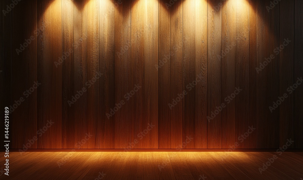Rich wooden wall texture glowing under a dramatic spotlight, highlighting the depth and warm tones of the material
