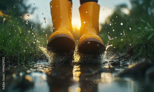 Rain boots splashing through a shallow puddle on a rainy day, with water droplets caught mid-air and a playful atmosphere.