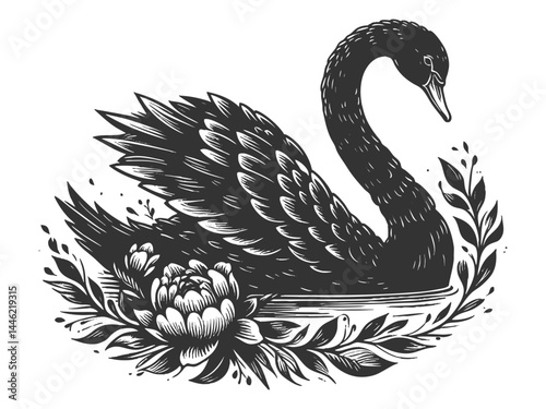 graceful black swan with spread wings nestled among blooming roses in tattoo-inspired design sketch engraving generative ai vector illustration. Scratch board imitation. Black and white image.