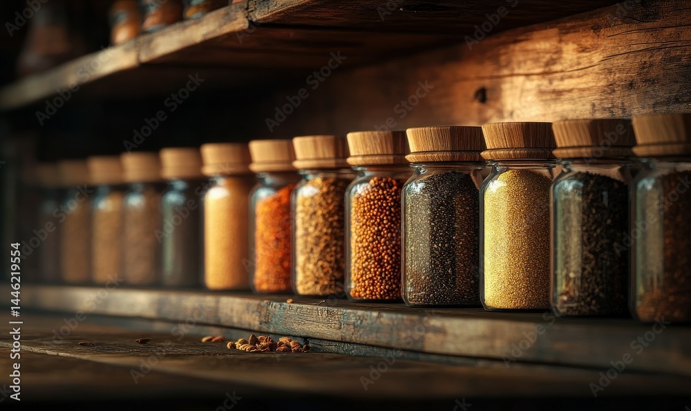 Rustic wooden spice jars glowing warmly under soft natural light, creating a cozy and inviting culinary aesthetic