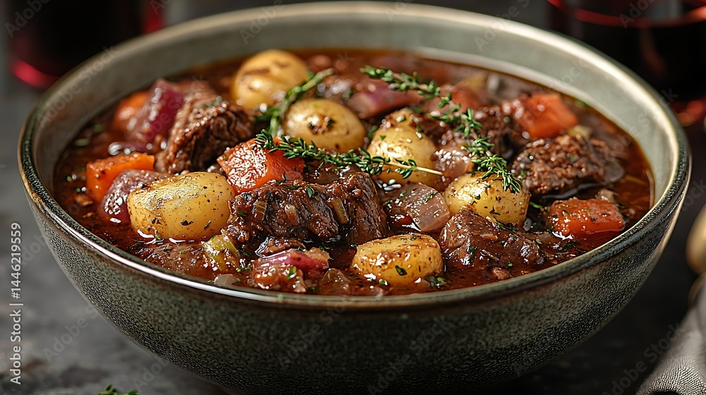 Hearty beef stew with potatoes and root vegetables Hearty beef stew with potatoes and root vegetables