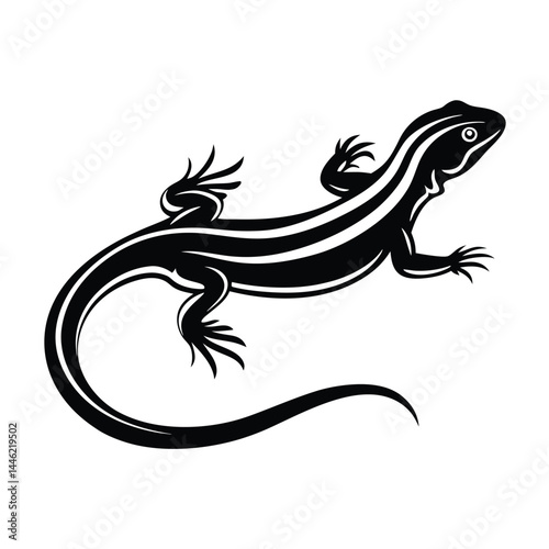 Elegant Black Silhouette of Lizard with Detailed Body and Curled Tail on White Background