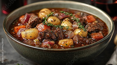 Hearty beef stew with potatoes and root vegetables