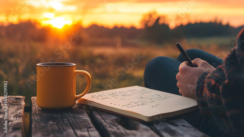 Golden Hour Reflection: A contemplative moment unfolds at dawn or dusk, as a person sits beside a steaming mug, writing thoughts into a journal, the warm sunlight illuminating the scene. 
