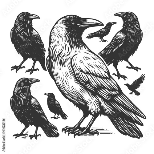 rare white crow surrounded by black crows, symbolizing uniqueness, nonconformity, and standing out from the crowd sketch engraving generative ai vector illustration. Scratch board. Black and white.