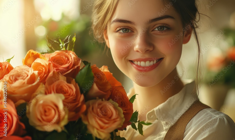 Naklejka premium Portrait of a smiling florist holding a bouquet of vibrant roses, soft natural light highlighting her features and the intricate floral details,