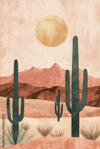 A serene desert landscape featuring tall cacti under a warm sun, with distant mountains and a soft pastel sky, ideal for nature-themed projects and relaxation visuals