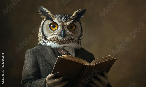 Portrait of a sophisticated owl wearing a suit and holding a book, rich wooden textures and soft lighting adding charm to the intellectual setting, .