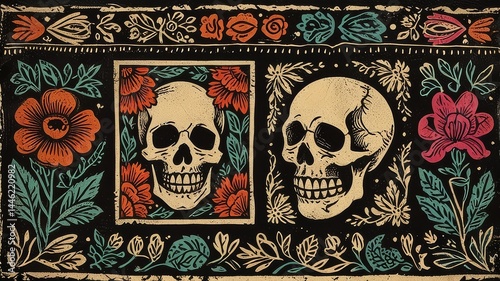 Colorful Día de los Muertos Skull with Intricate Floral Decorations on Dark Background