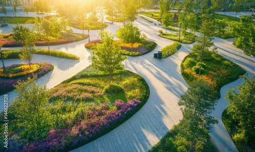 Fototapeta Naklejka Na Ścianę i Meble -  Scenic aerial view of a modern city park with colorful flower beds, soft morning light creating depth and vibrancy, high detail,