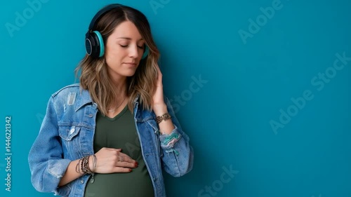 Teenage girl listens to music with joyfully watching mother