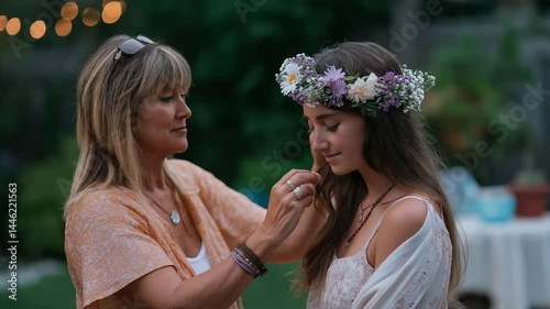 Teenage girl placing a flower crown on her mother's head