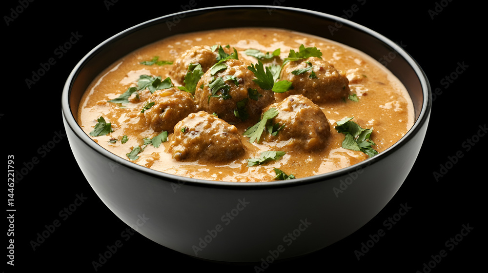 Close up of a bowl of kofta curry garnished with fresh parsley against a black background Close up of a bowl of kofta curry garnished with fresh parsley against a black background