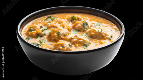 Close up of malai kofta in a black bowl against a black background in studio lighting