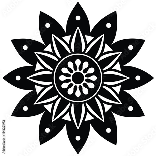 black and white ornamental floral, intricate geometric pattern, detailed symmetrical design, mandala-style, dark moody aesthetic, minimalist linework, sharp contrasts
