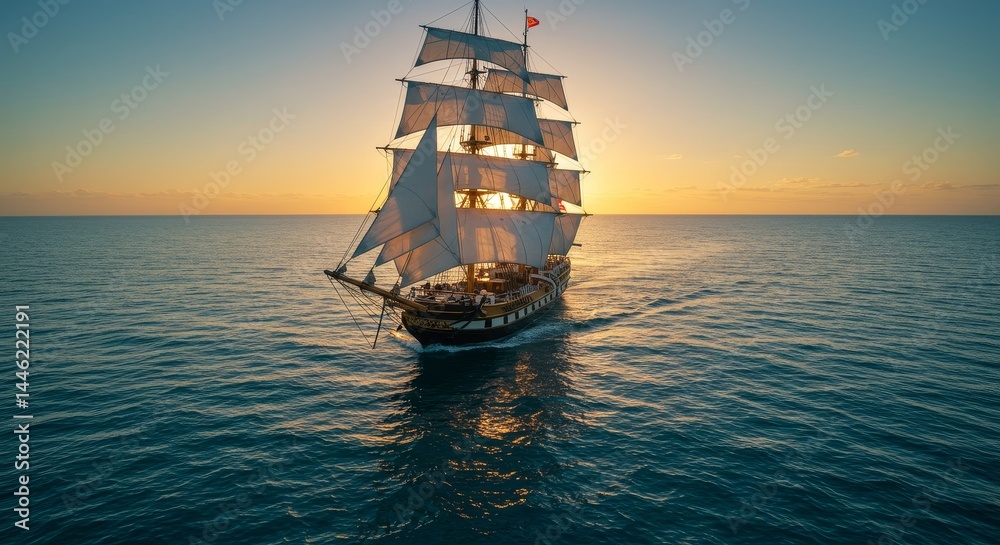 Obraz premium Majestic Sunset Sail: A Tall Ship's Journey - A majestic tall ship sails at sunset, symbolizing adventure, exploration, freedom, perseverance, and the beauty of nature