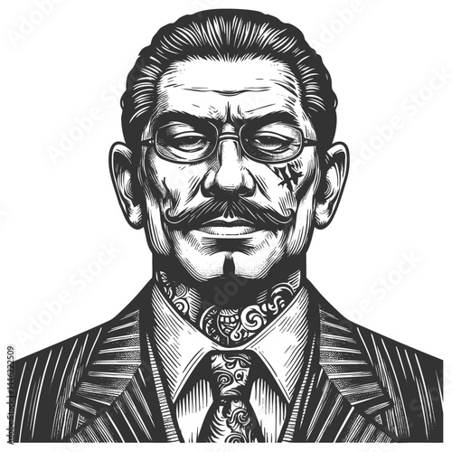 Yakuza Japanese gangster wearing a suit, with facial scars, mustache, glasses, and ornate tattoos sketch engraving generative ai vector illustration. Scratch board imitation. Black and white image.