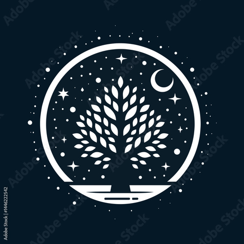 tree of life silhouette in circle night sky for spiritual blogs, nature websites, meditation app icons, ecological posters, fantasy book covers